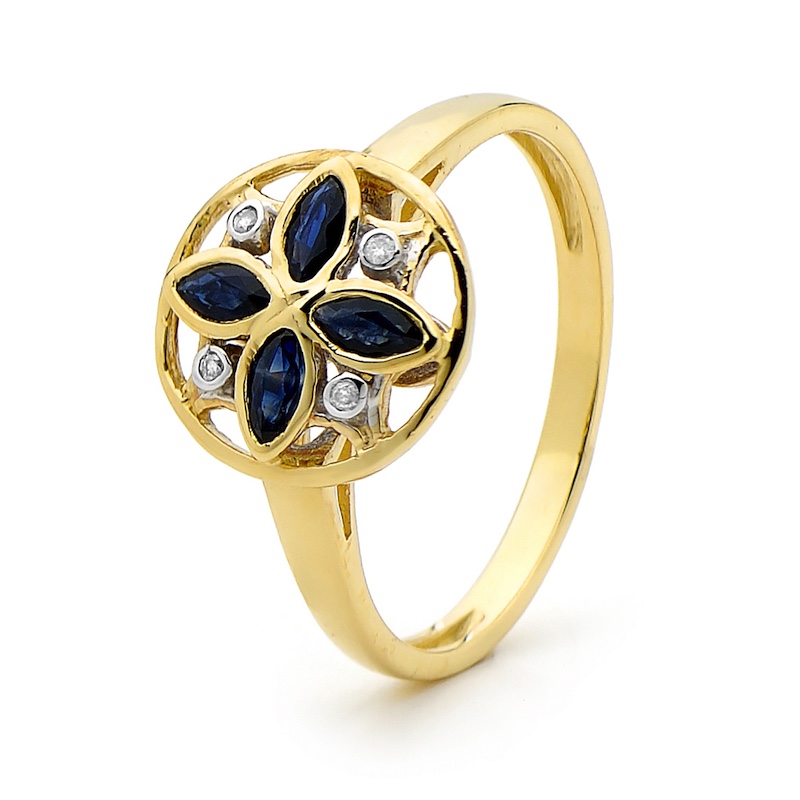 Sapphire Ring - Flower Petals - With Diamond