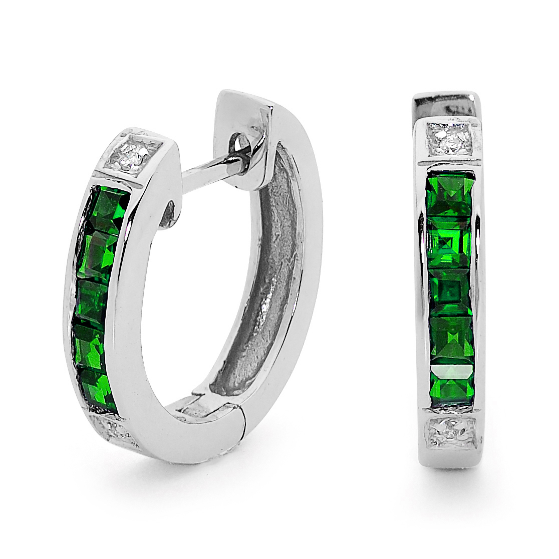 Emerald and CZ Silver Huggie Earrings
