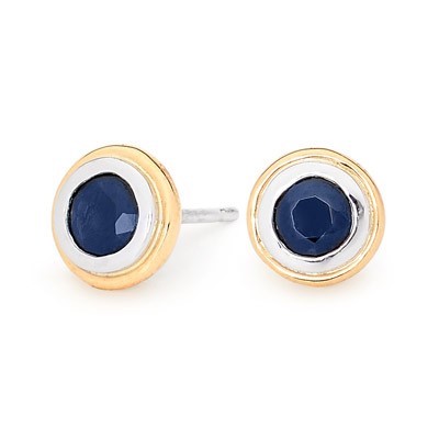 Created Sapphire Earrings with Two Tone Bezel