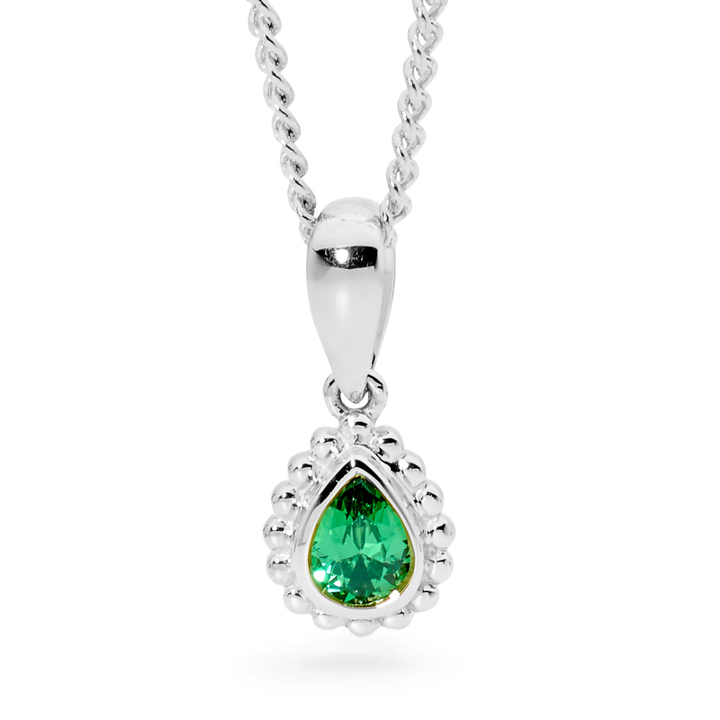 Silver Pendant with Green Tear Drop CZ