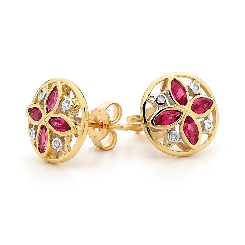 Ruby Petal and Diamond Flower Earrings