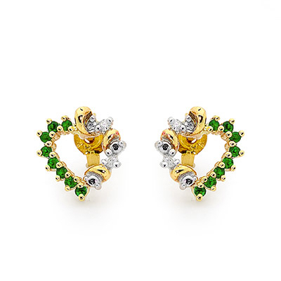 Emerald and Diamond Heart Ear Studs