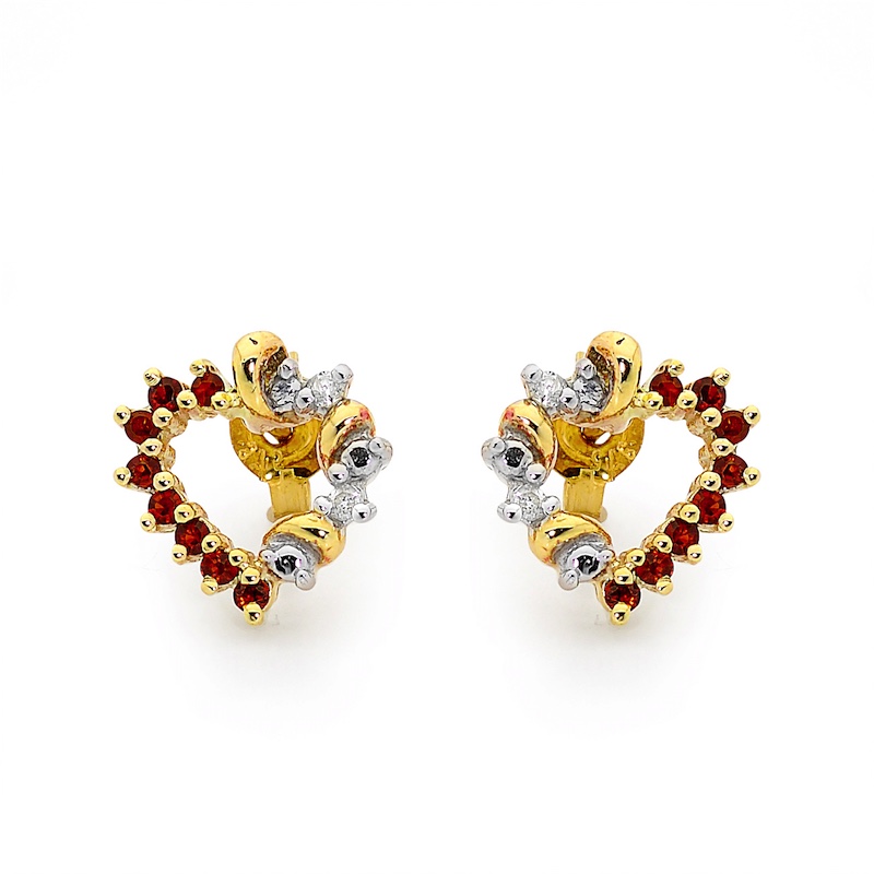 Garnet and Diamond Heart Stud Earrings