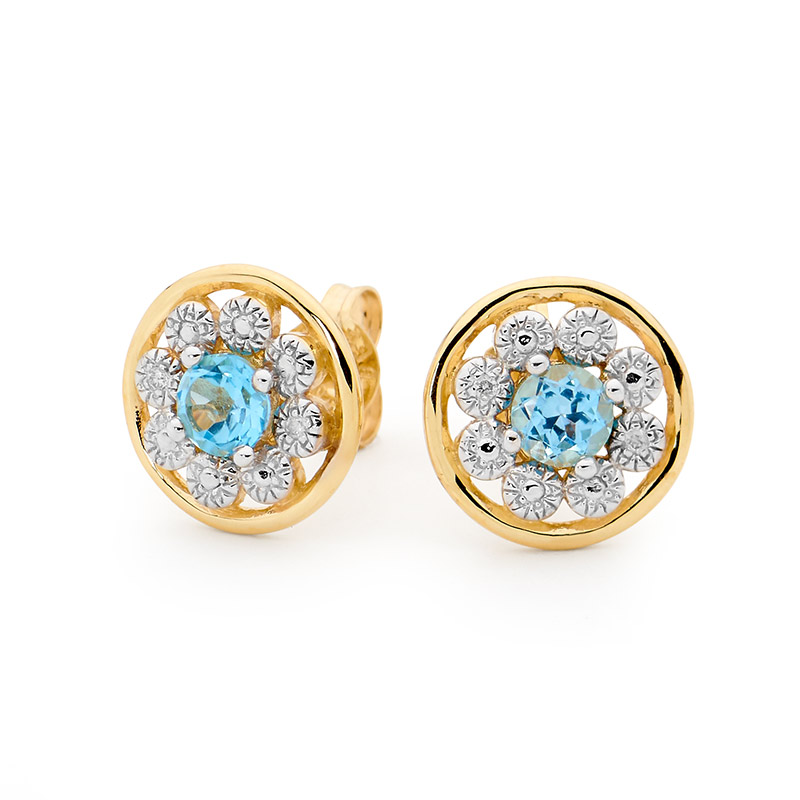 Blue Topaz Halo Earrings with Diamonds