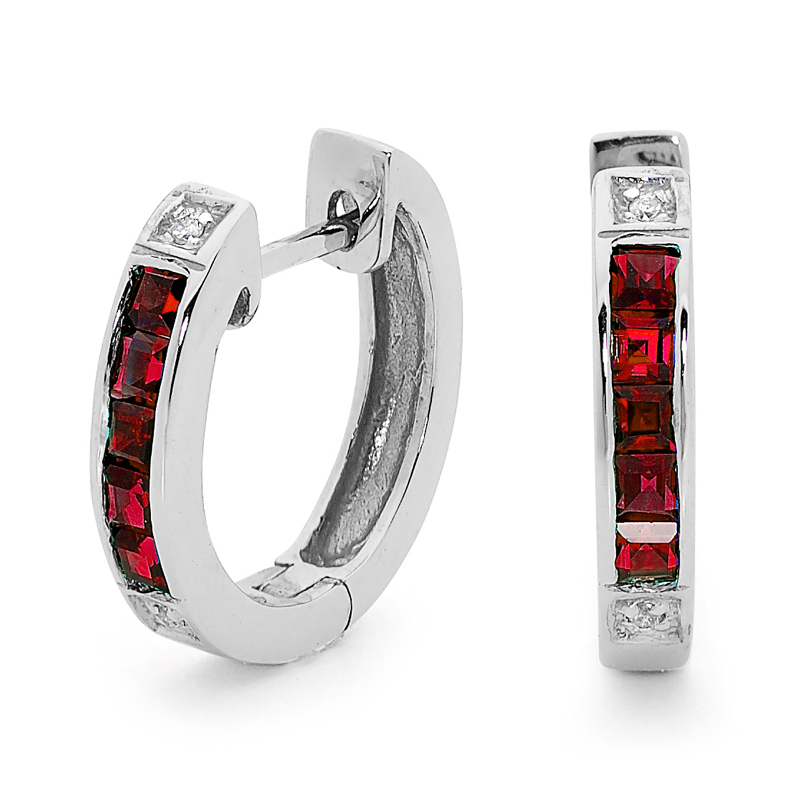 White Gold Huggie Earrings with Created Ruby and Diamond
