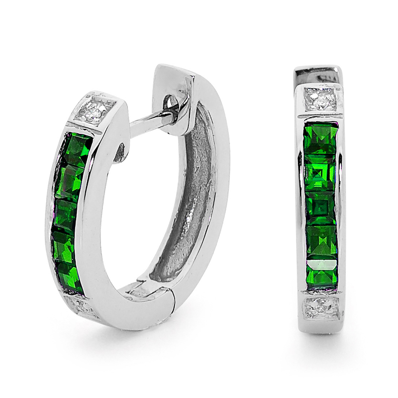White Gold Huggie Style Earrings with Emerald and Diamond
