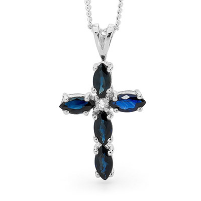 Cross Pendant - Sapphire and Diamond - White Gold