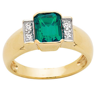 Octagonal created Emerald and Diamond ring