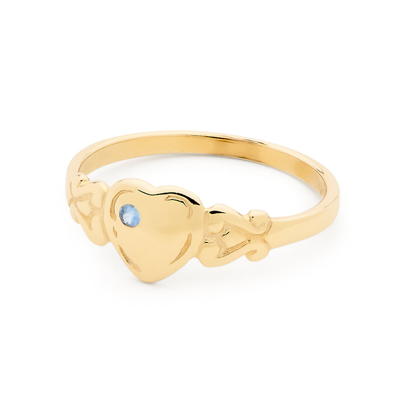 Gold Heart Signet Ring with Sapphire - Size I