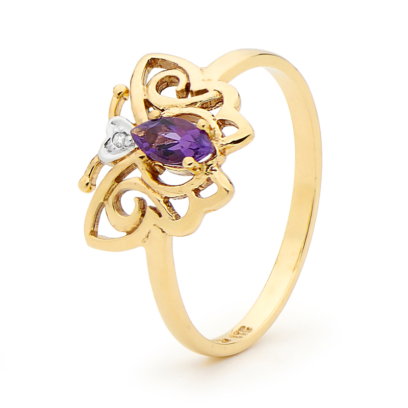 Amethyst and Diamond Butterfly Ring
