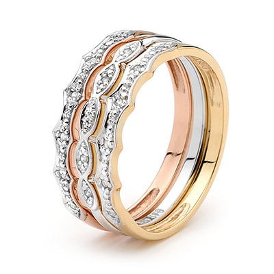 Diamond Set Three Tone Ring Set