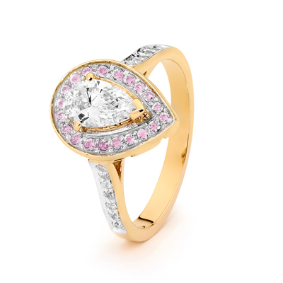 Teardrop CZ Engagement Ring with Pink Halo