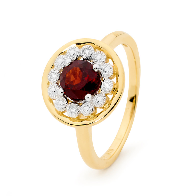 Garnet and Diamond Halo Ring