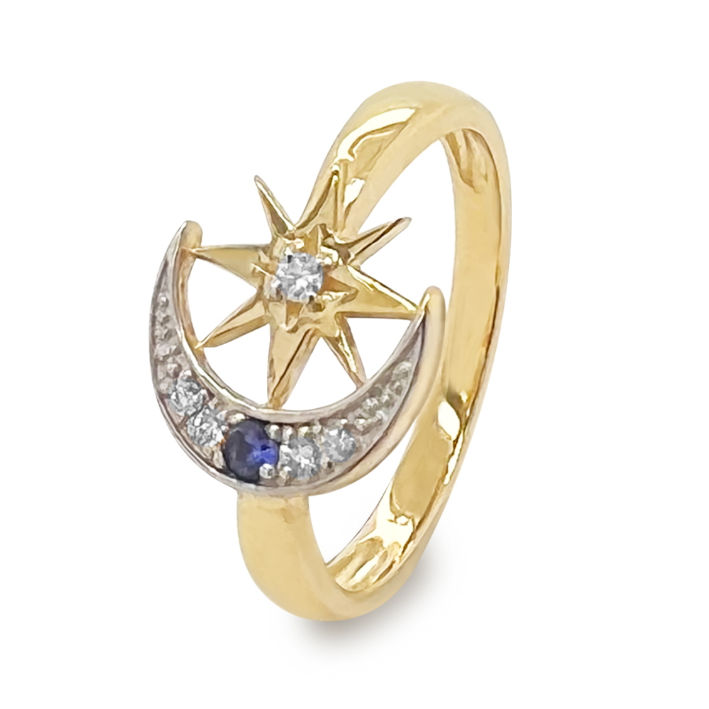 Moon &amp; Star Ring with Sapphire