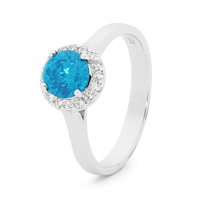 Silver Ring with Blue Topaz and CZ