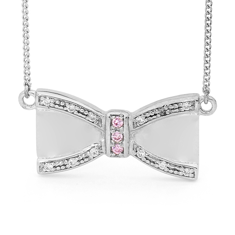 Silver Bow Pendant with Pink CZ