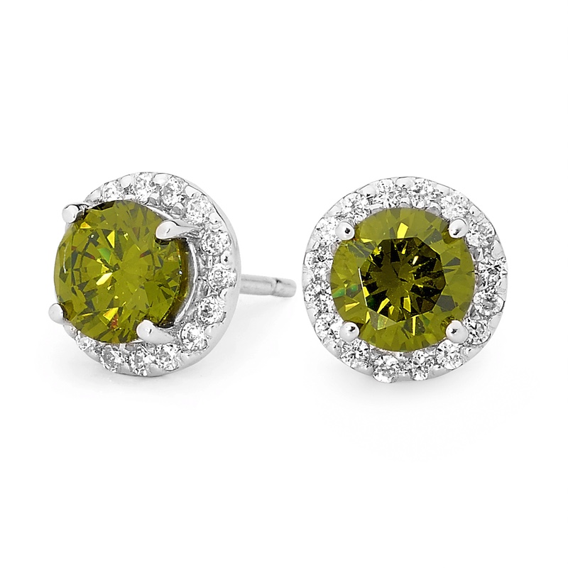 Olive Green and White CZ Dress Earrings