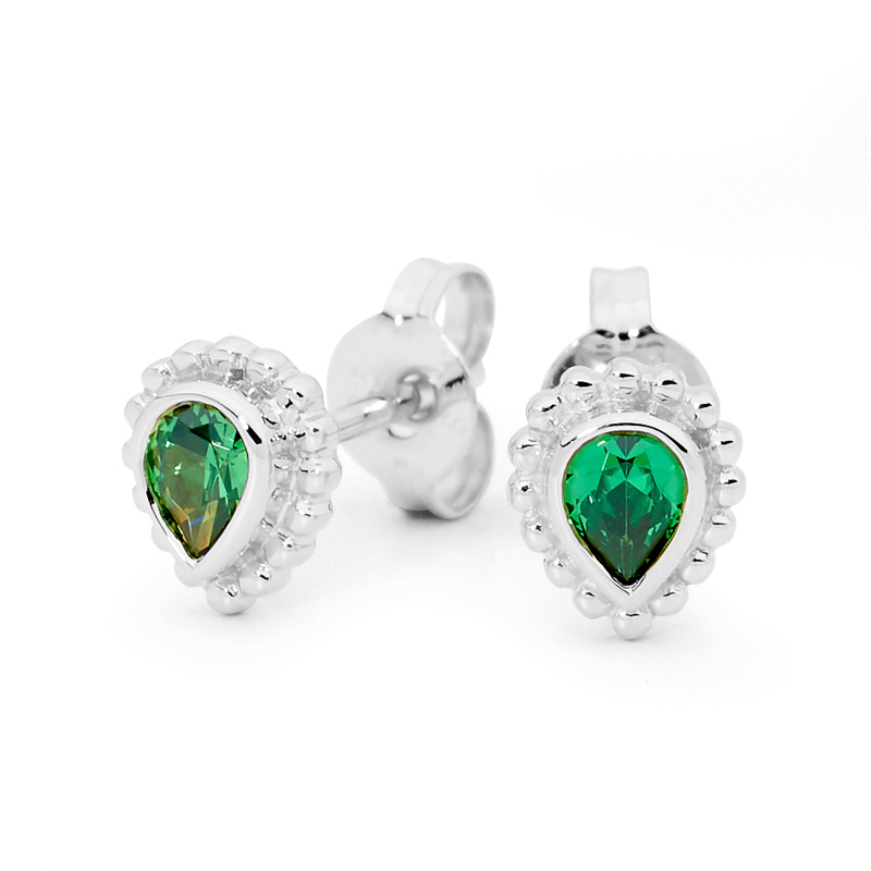 Silver Earrings with Green Teardrop CZ