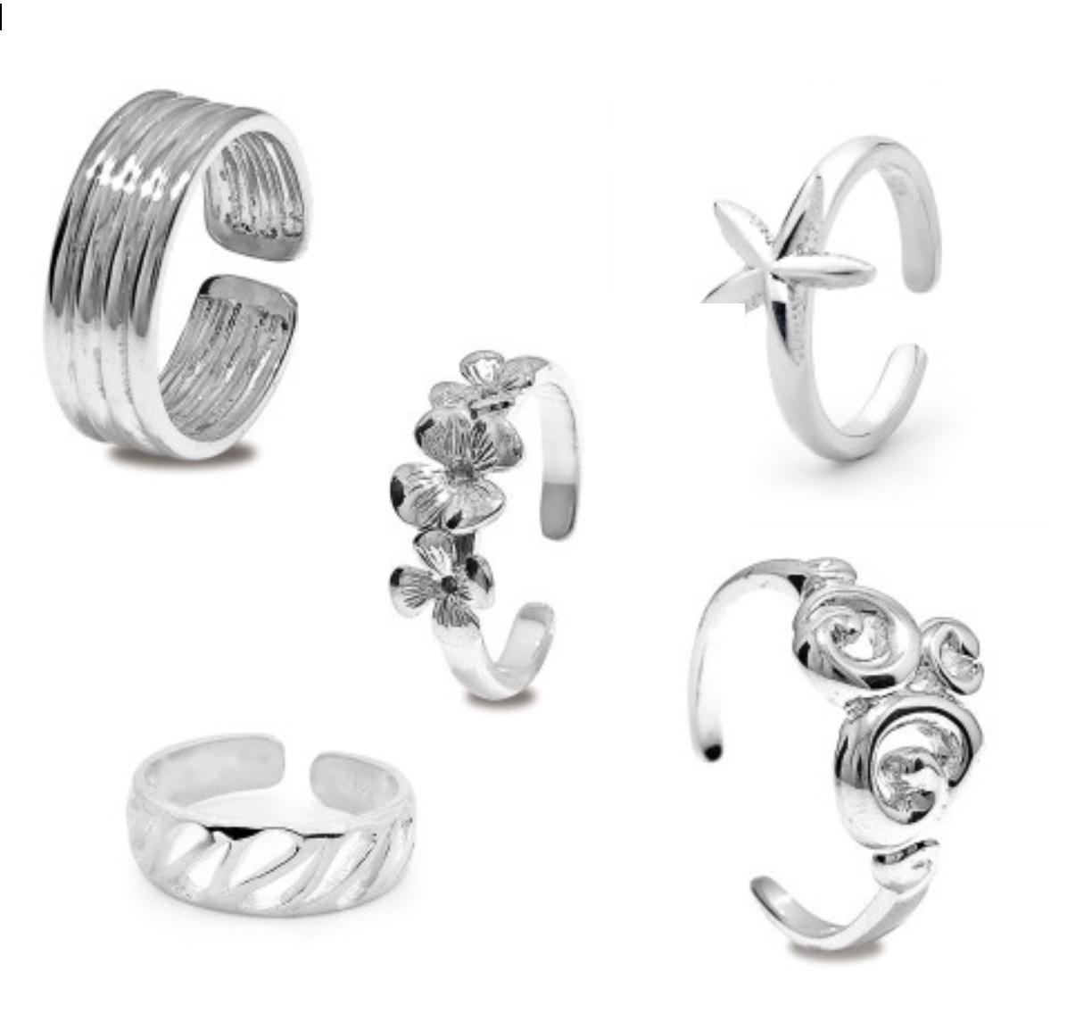 5 Silver Toe Ring Pack