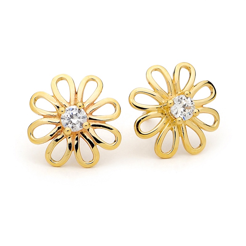 55345/CZ Gold Stud Flower Earrings with Zirconia