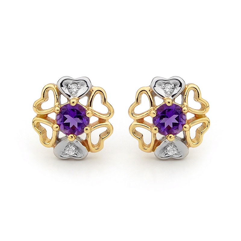 Amethyst Heart Petal Earrings with Diamonds