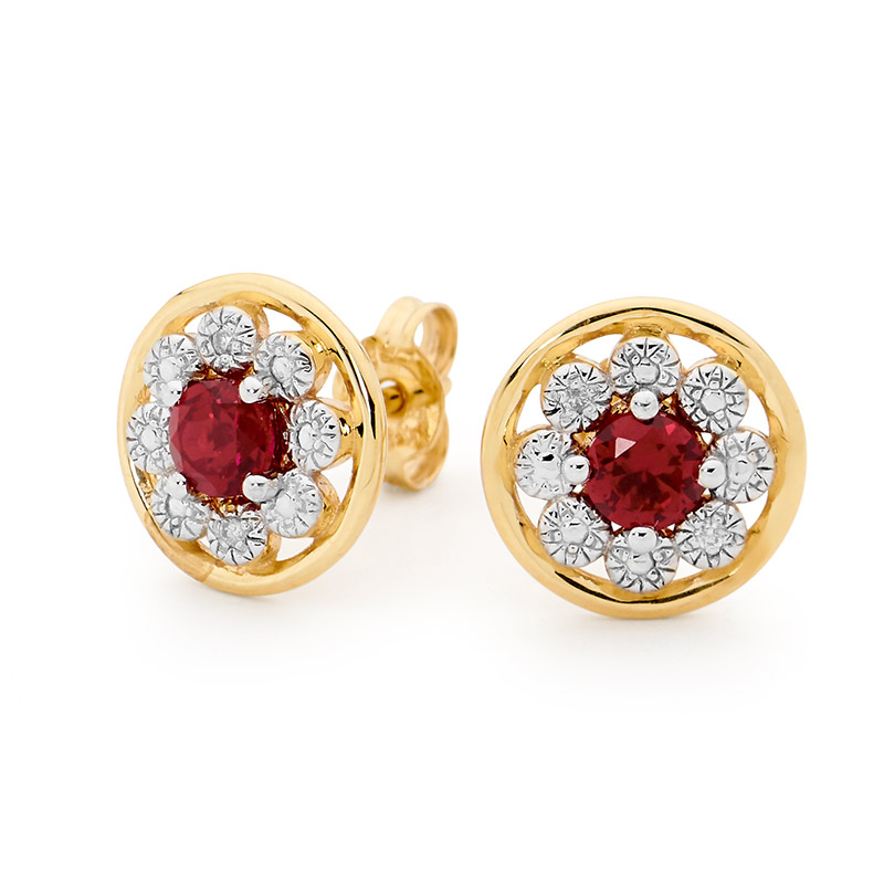 Created Ruby Earrings with Diamond Halo