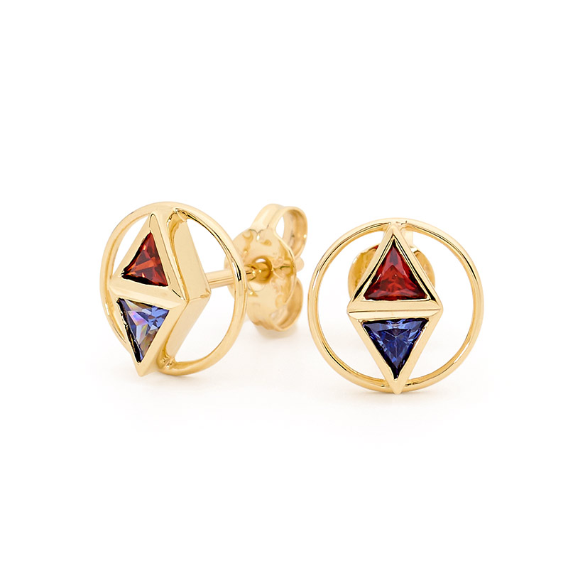 Triangle Earrings with Red Blue CZ- Micro gems