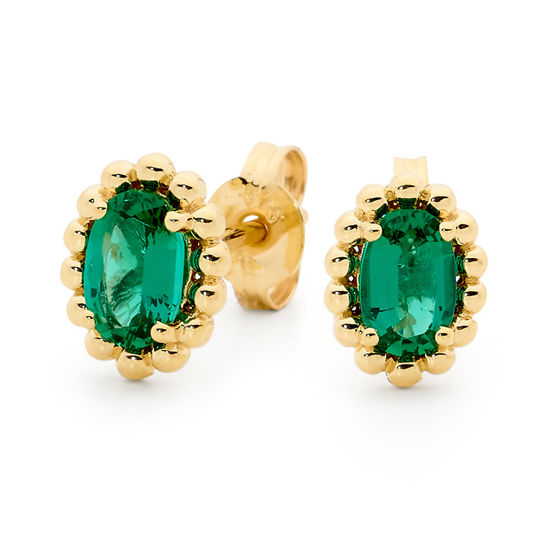 Emerald Earrings with Gold Bead Surround