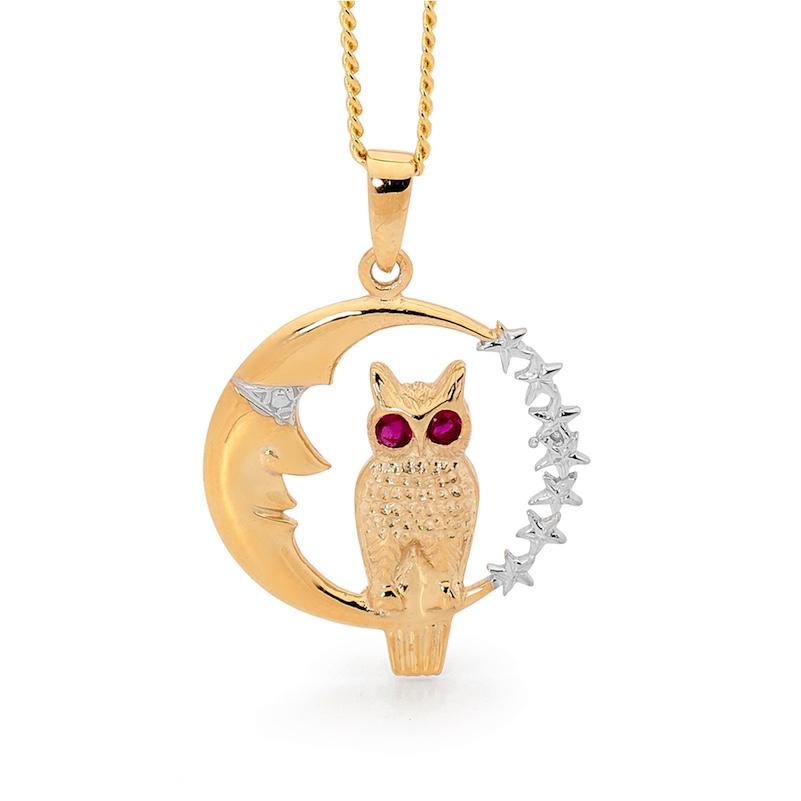 Owl and Moon Pendant with Ruby