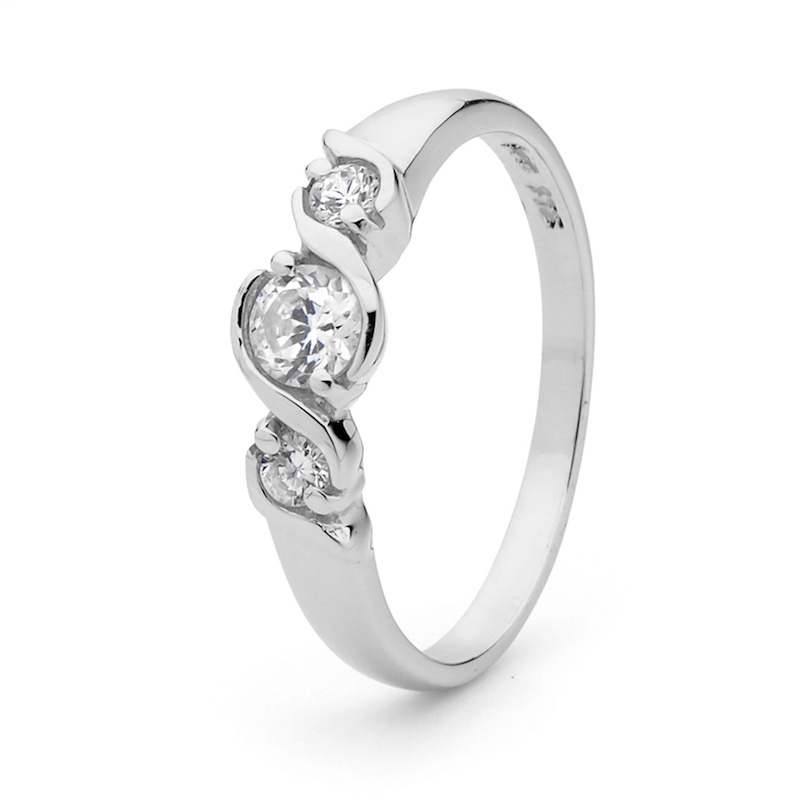 Cubic Zirconia Ring - White Gold - Three Stone