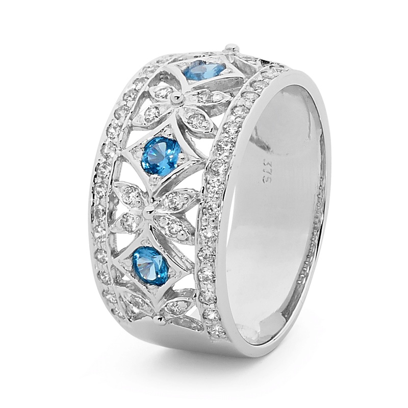 White Gold Right Hand CZ Ring with Light Blue Spinel Gemstones