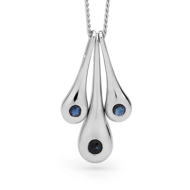 Liquid White Gold Tri Drop Pendant with Sapphire