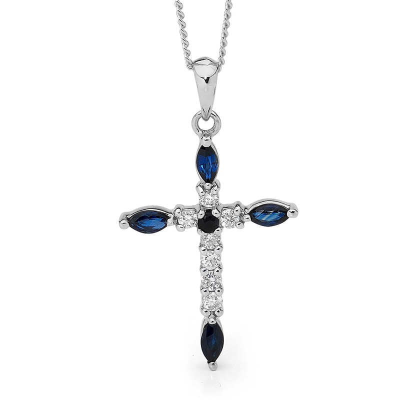 Sapphire and Diamond Cross Pendant - White Gold