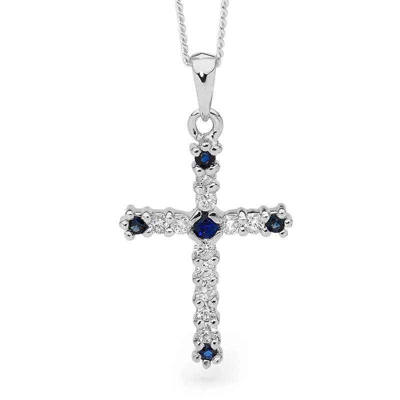 Sapphire and Diamond Cross Pendant - White Gold